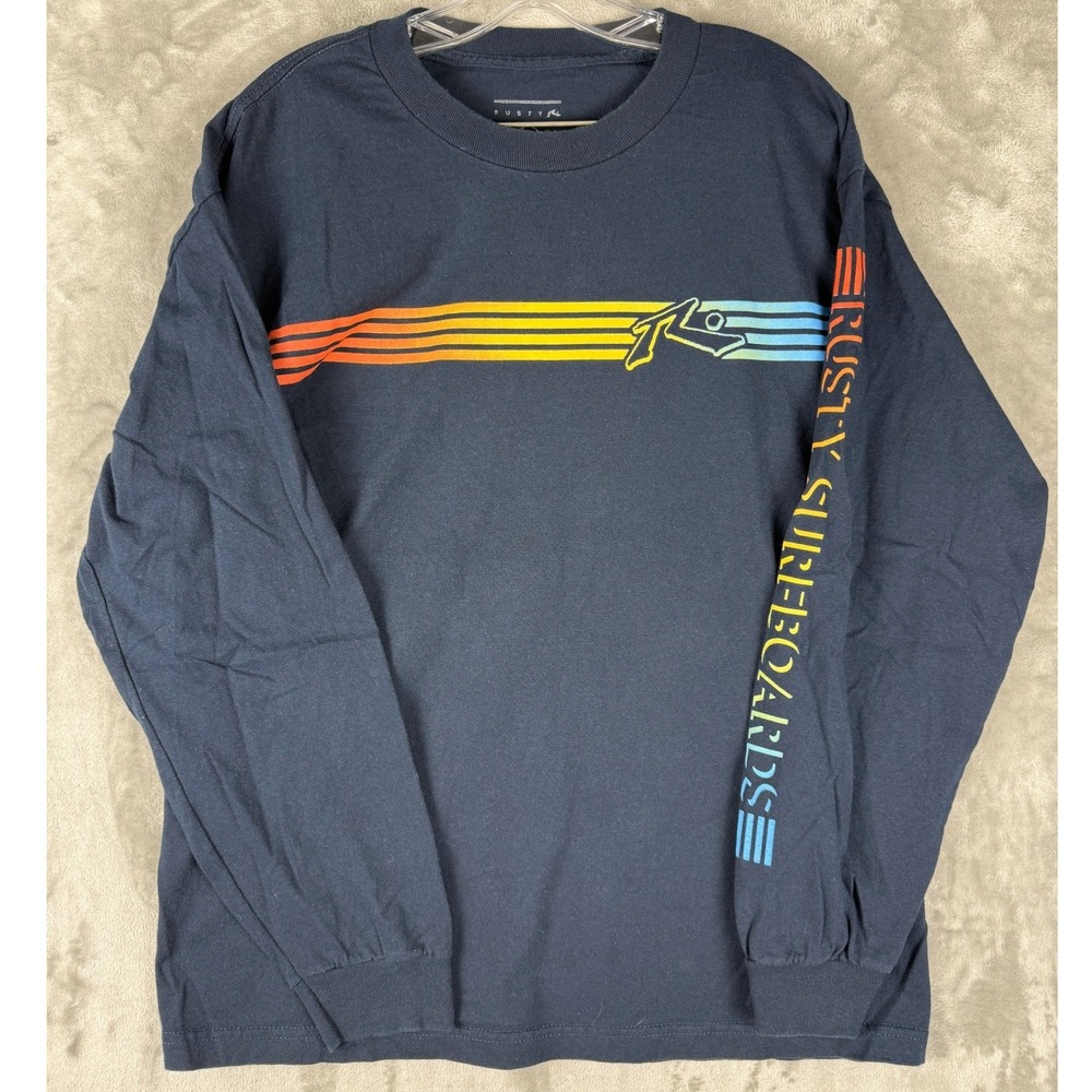 VTG Rusty Surfboards Men's‎ Long Sleeve T Shirt Navy Blue Graphic Print Size L
